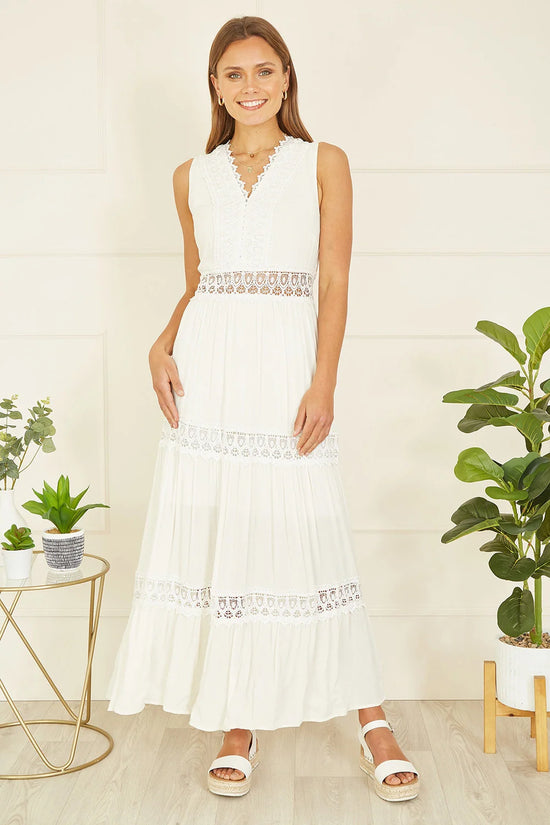 Yumi White Lace Trim Cotton Midi Sun Dress - QHA UK