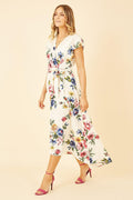 Mela Ivory Floral Wrap Dip Hem Dress