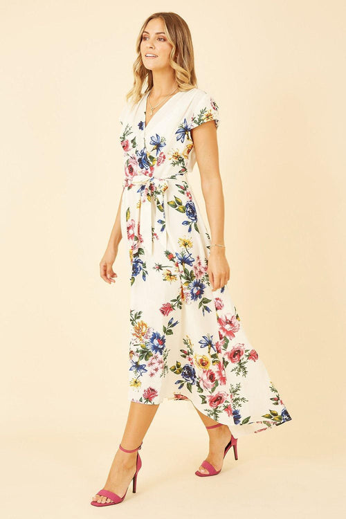Mela Ivory Floral Wrap Dip Hem Dress - QHA UK