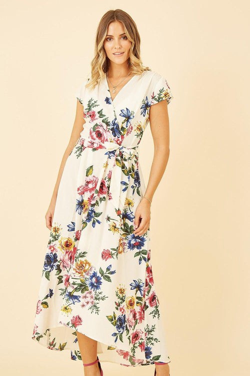 Mela Ivory Floral Wrap Dip Hem Dress - QHA UK