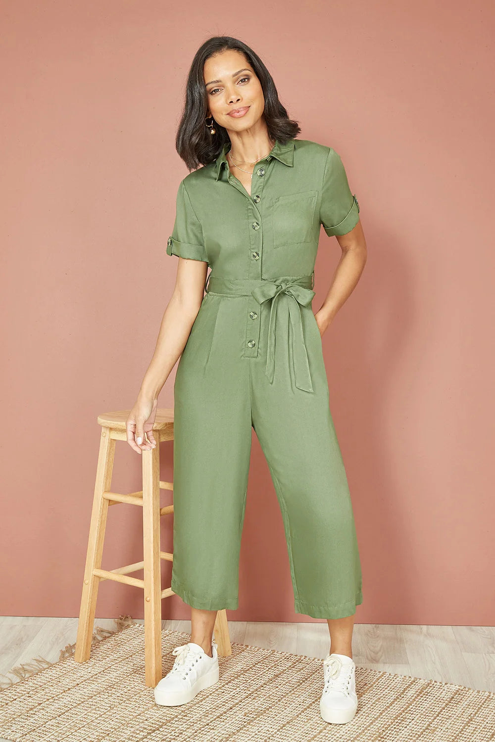 Yumi Green Twill Viscose Utility Jumpsuit - QHA UK