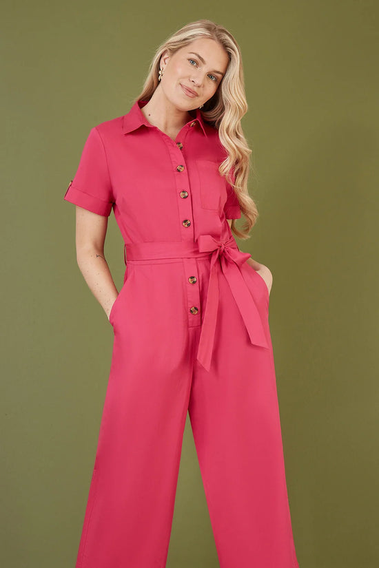Yumi Pink Viscose Twill Button Up Utility Style Jumpsuit - QHA UK