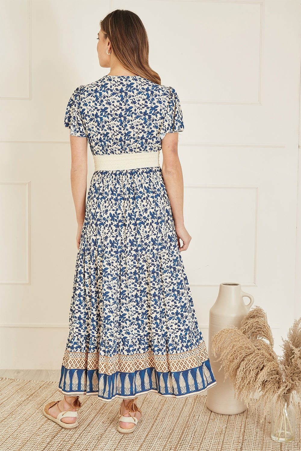 Yumi Navy Viscose Leaf Print Maxi Dress With Lace Trim - QHA UK