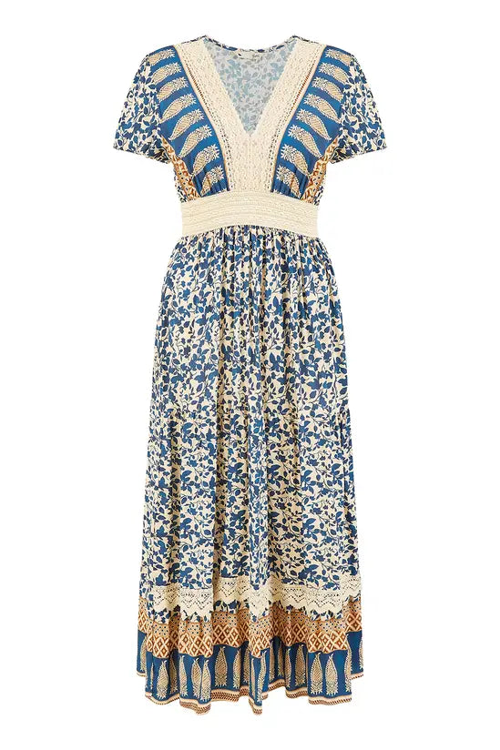Yumi Navy Viscose Leaf Print Maxi Dress With Lace Trim - QHA UK