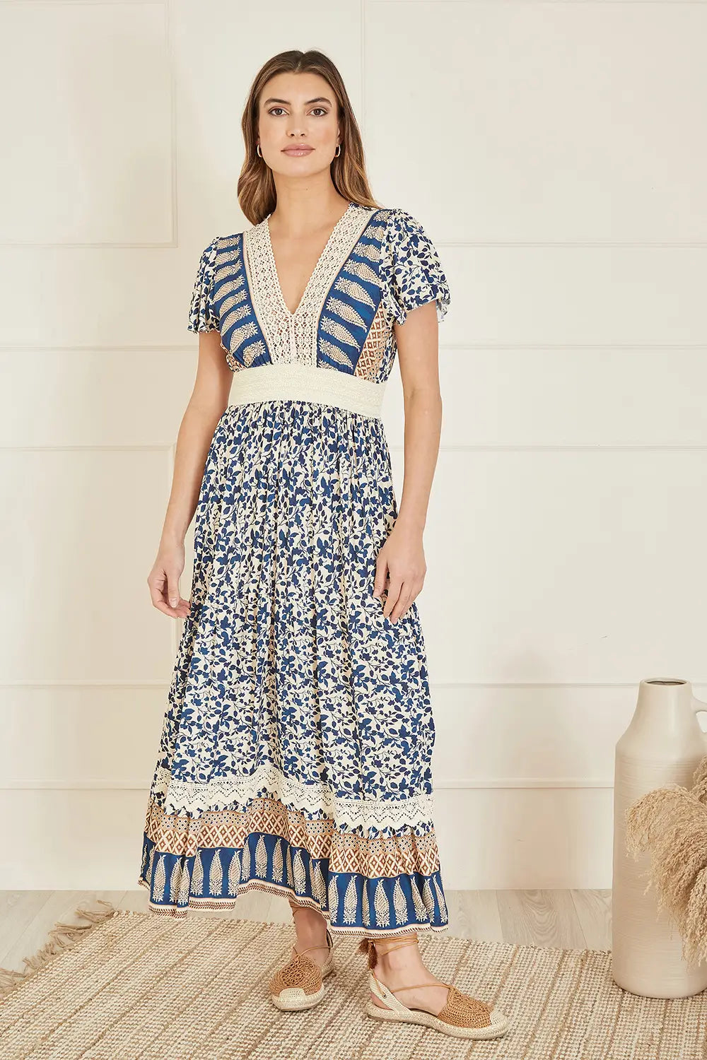 Yumi Navy Viscose Leaf Print Maxi Dress With Lace Trim - QHA UK