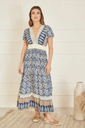 Yumi Navy Viscose Leaf Print Maxi Dress With Lace Trim - QHA UK