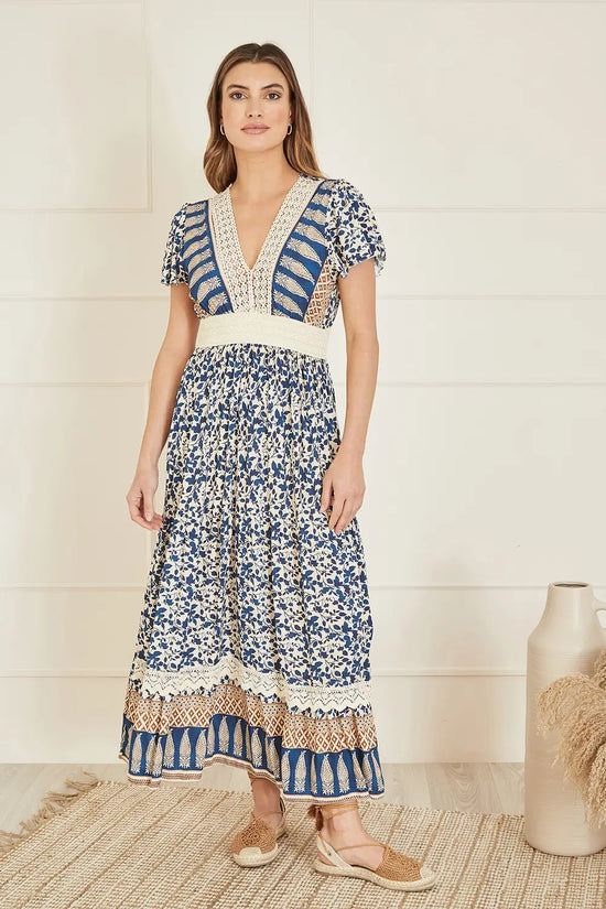 Yumi Navy Viscose Leaf Print Maxi Dress With Lace Trim - QHA UK