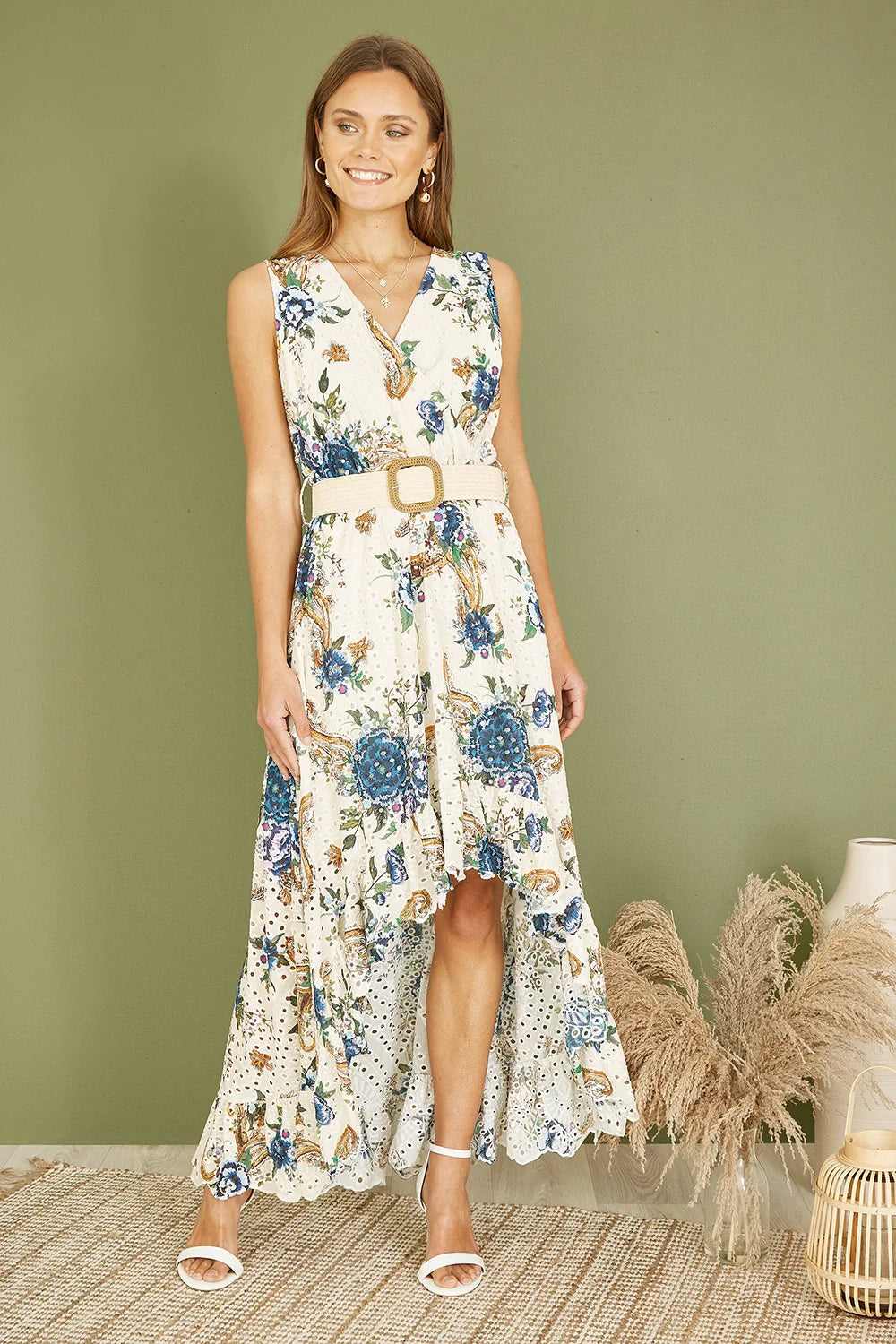 Yumi Premium Ivory Floral Print Broderie Anglaise Cotton Dip Hem Midaxi Dress - QHA UK