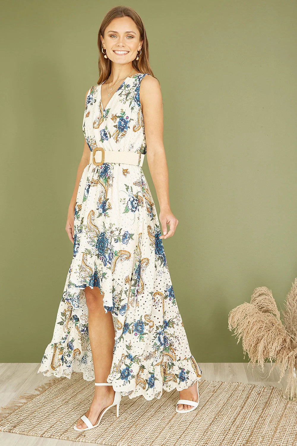 Yumi Premium Ivory Floral Print Broderie Anglaise Cotton Dip Hem Midaxi Dress - QHA UK