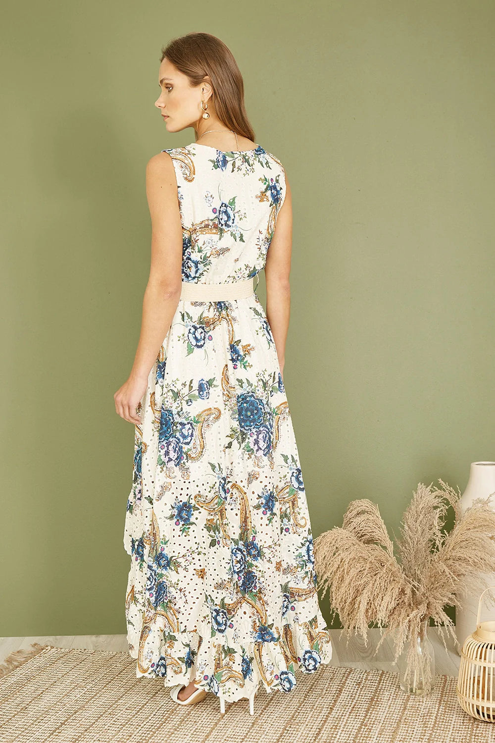Yumi Premium Ivory Floral Print Broderie Anglaise Cotton Dip Hem Midaxi Dress - QHA UK