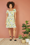 Mela White Viscose Lemon Print Skater Dress With Balloon Sleeves - QHA UK