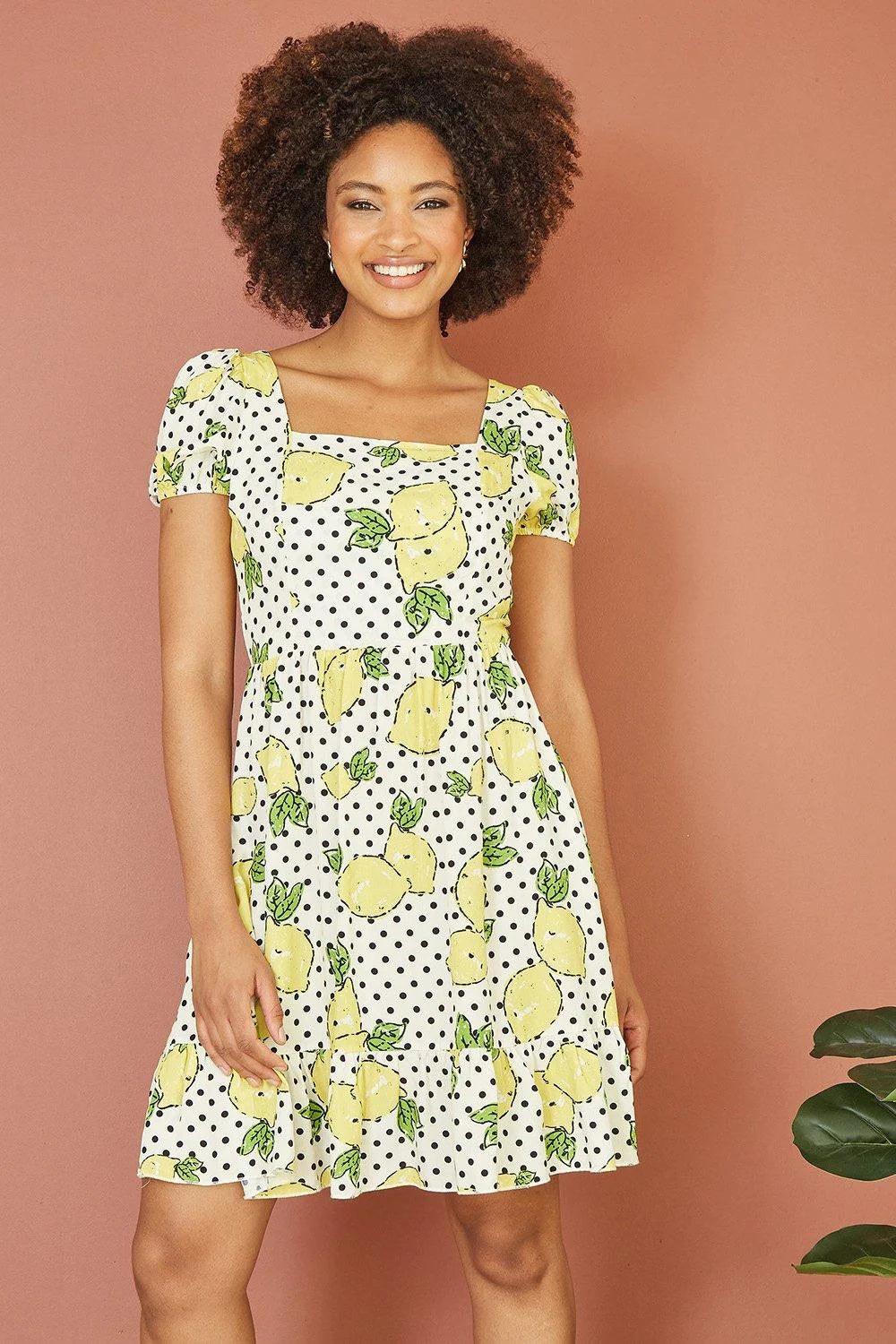 Mela White Viscose Lemon Print Skater Dress With Balloon Sleeves - QHA UK