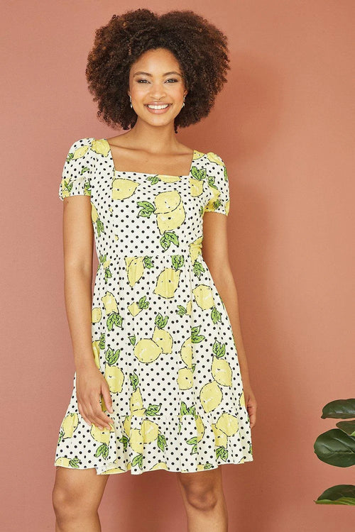 Mela White Viscose Lemon Print Skater Dress With Balloon Sleeves - QHA UK
