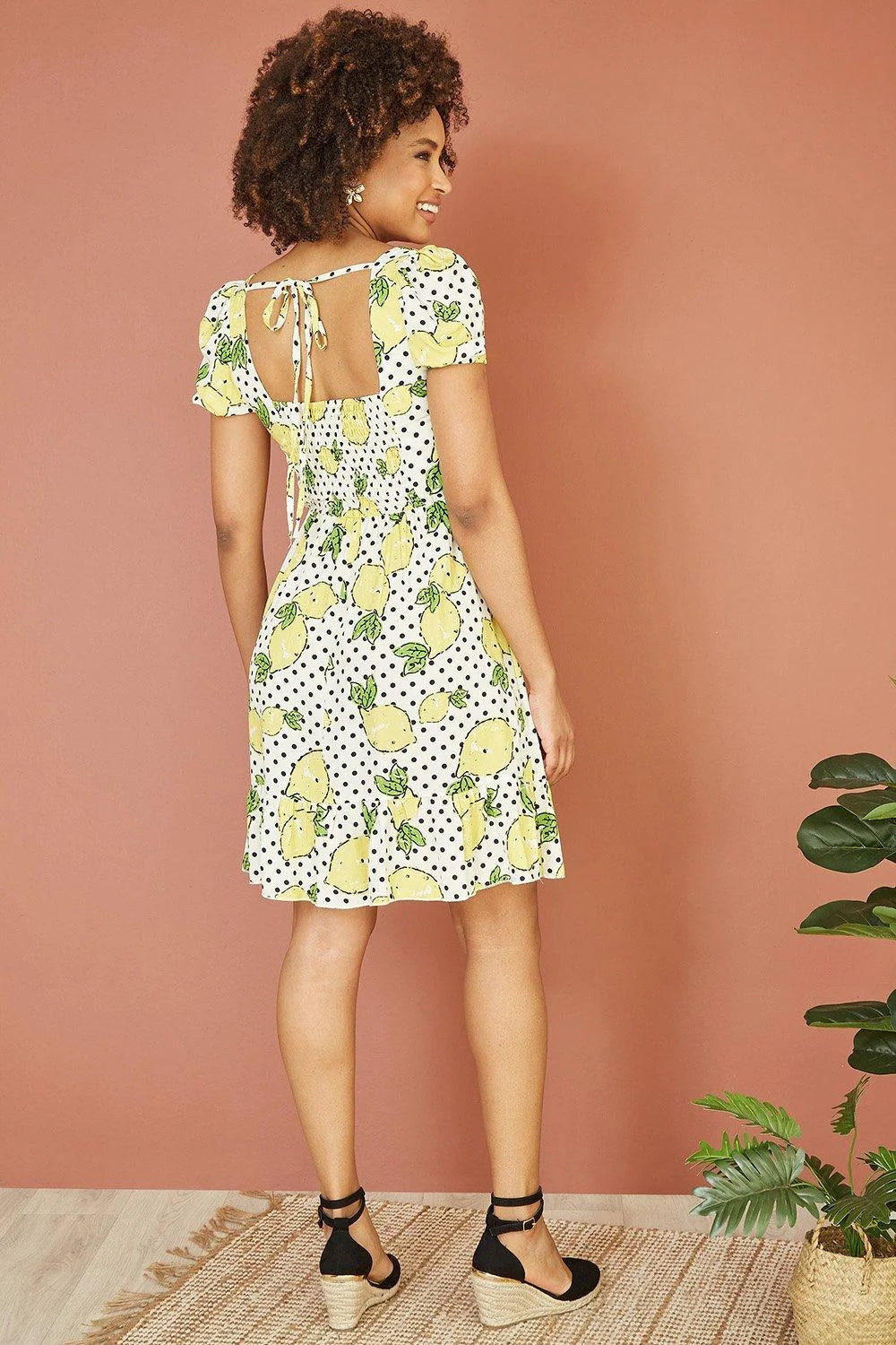 Mela White Viscose Lemon Print Skater Dress With Balloon Sleeves - QHA UK