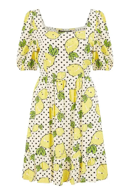 Mela White Viscose Lemon Print Skater Dress With Balloon Sleeves - QHA UK