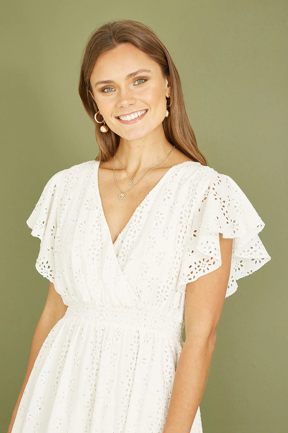 Yumi White Cotton Broderie Anglaise Wrap Midi Dress - QHA UK