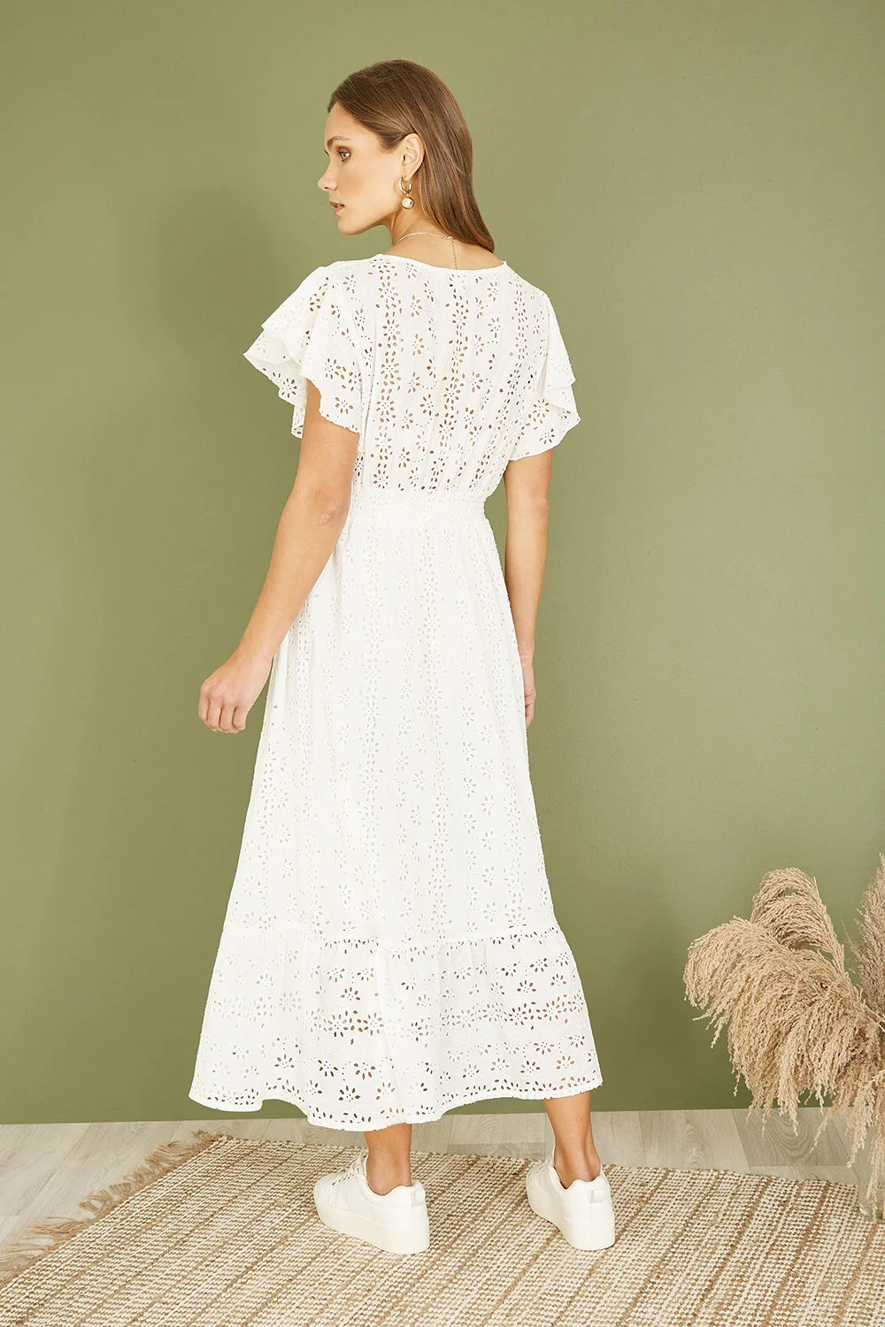 Yumi White Cotton Broderie Anglaise Wrap Midi Dress - QHA UK