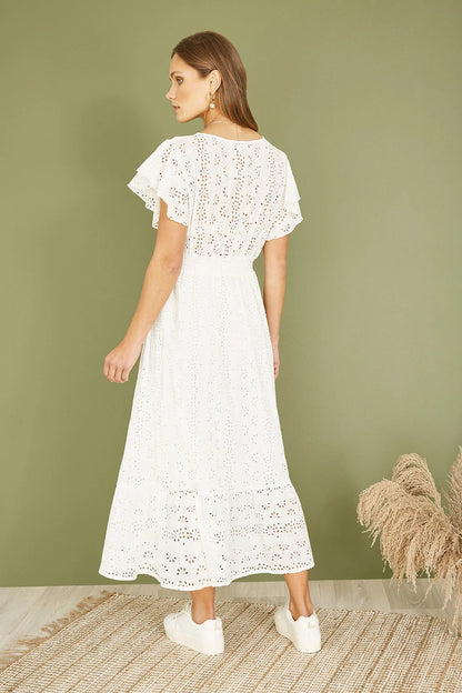 Yumi White Cotton Broderie Anglaise Wrap Midi Dress - QHA UK
