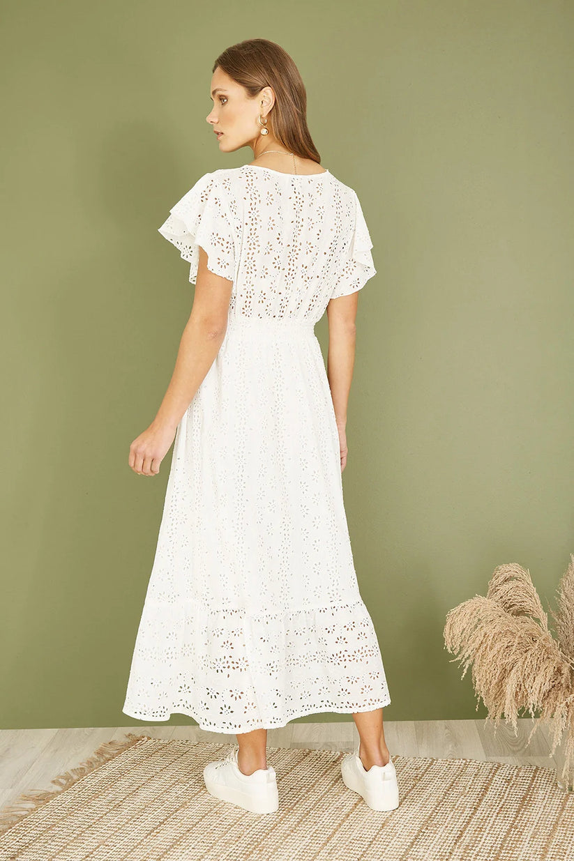 Yumi White Cotton Broderie Anglaise Wrap Midi Dress - QHA UK