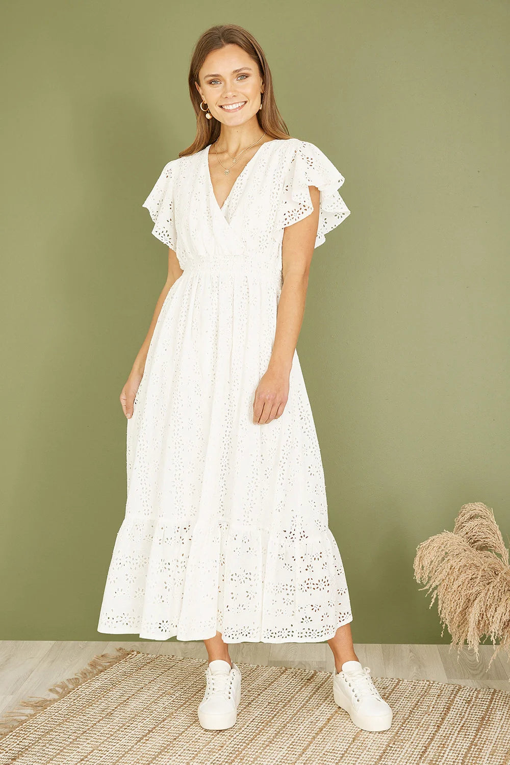 Yumi White Cotton Broderie Anglaise Wrap Midi Dress - QHA UK