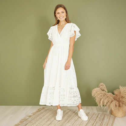Yumi White Cotton Broderie Anglaise Wrap Midi Dress - QHA UK