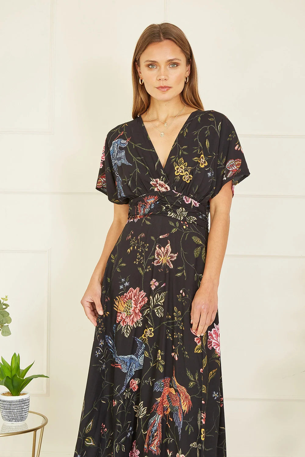 Yumi Black Viscose Bird and Floral Print Kimono Midi Dress - QHA UK