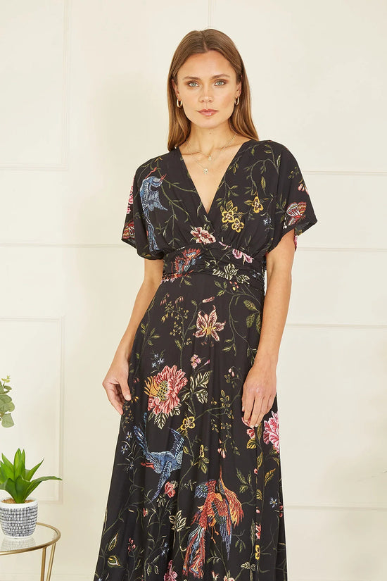 Yumi Black Viscose Bird and Floral Print Kimono Midi Dress - QHA UK