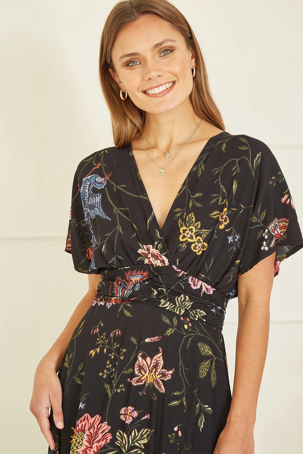 Yumi Black Viscose Bird and Floral Print Kimono Midi Dress - QHA UK