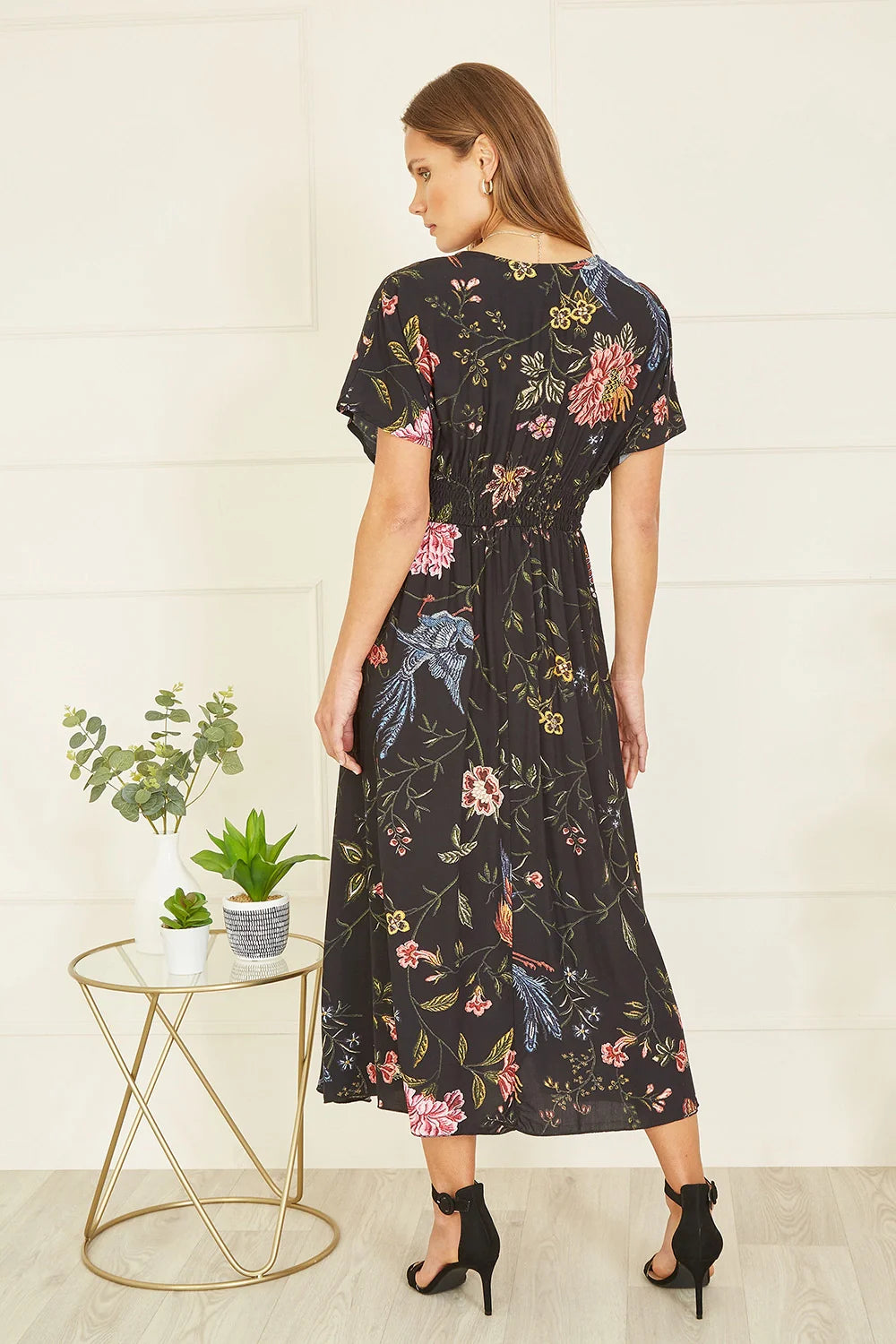 Yumi Black Viscose Bird and Floral Print Kimono Midi Dress - QHA UK