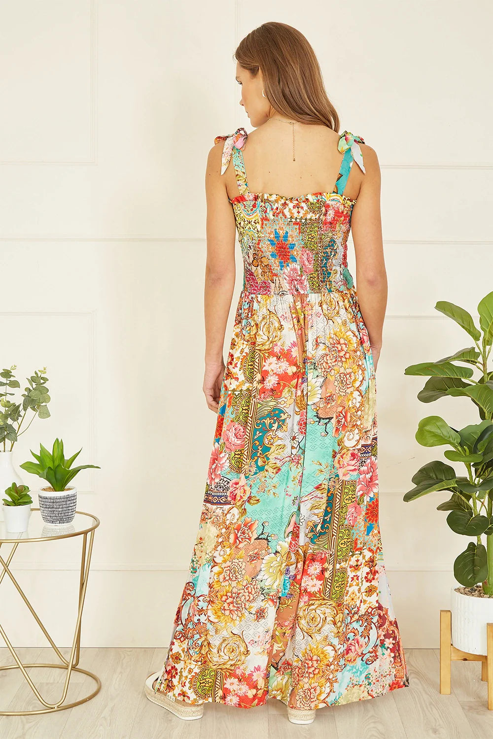 Yumi Multicolour Patchwork Split Hem Maxi Dress With Tie Straps - QHA UK