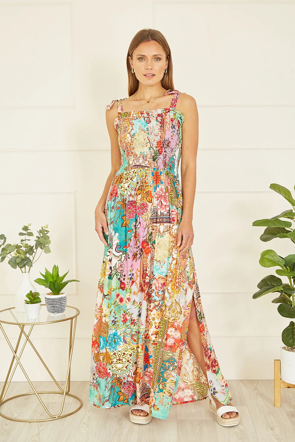 Yumi Multicolour Patchwork Split Hem Maxi Dress With Tie Straps - QHA UK