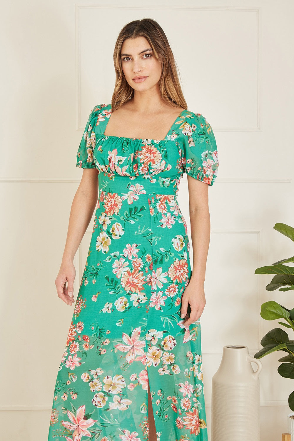 Yumi Green Recycled Floral Print Square Neck Maxi Dress With Split Hemline - QHA UK