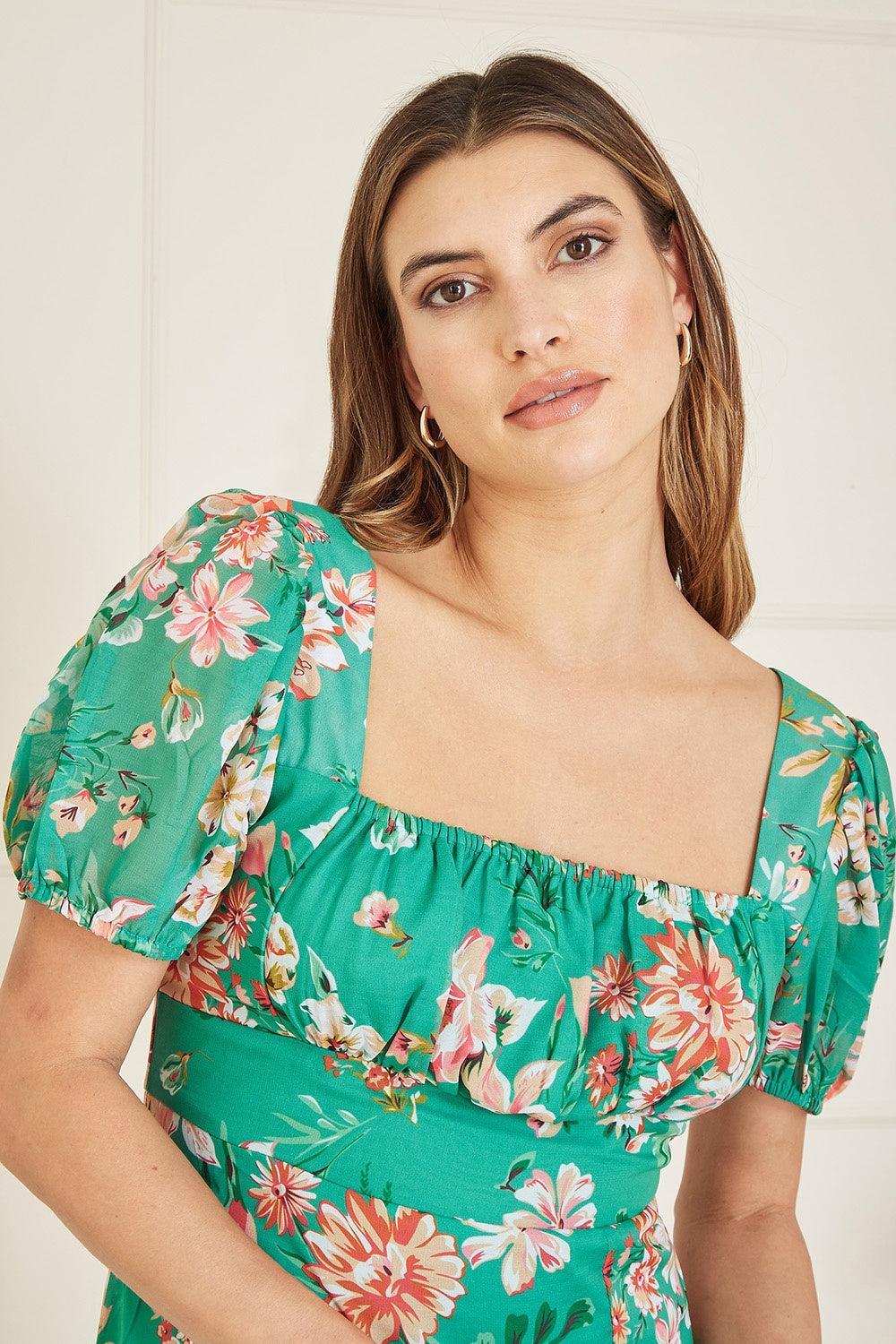 Yumi Green Recycled Floral Print Square Neck Maxi Dress With Split Hemline - QHA UK