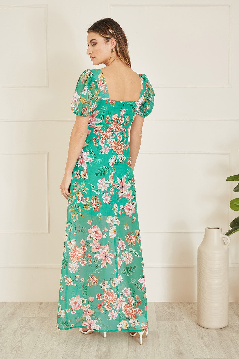 Yumi Green Recycled Floral Print Square Neck Maxi Dress With Split Hemline - QHA UK