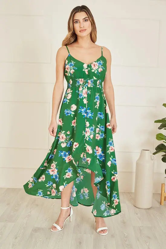 Mela Green Floral High Low Frill Midi Dress - QHA UK