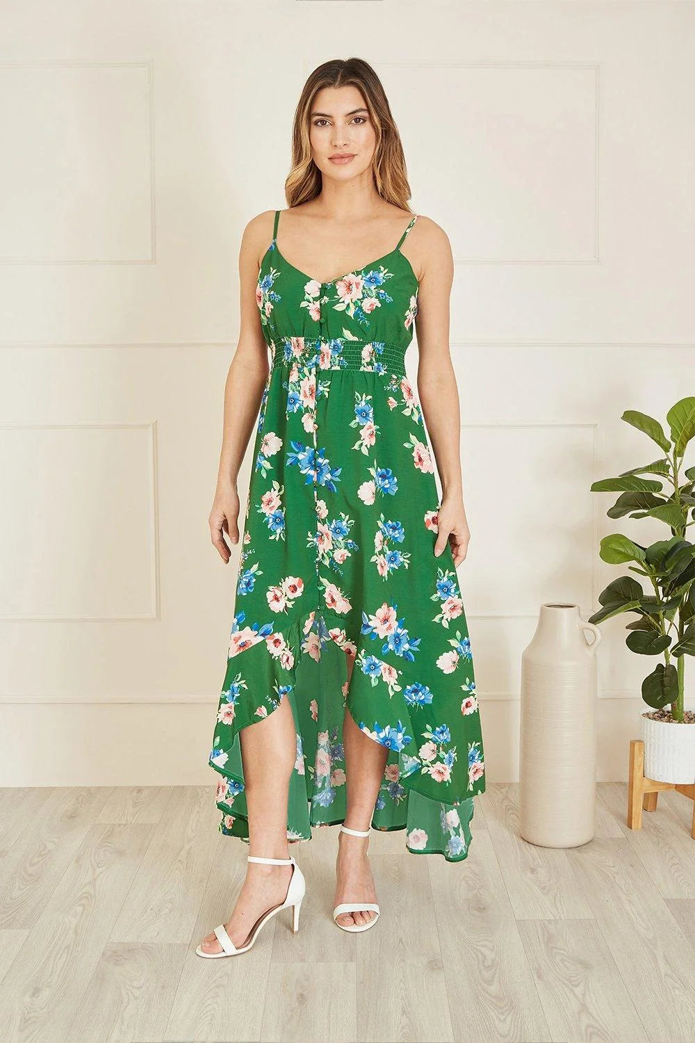 Mela Green Floral High Low Frill Midi Dress - QHA UK
