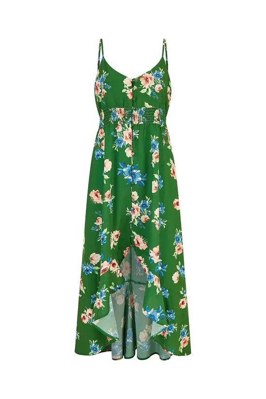 Mela Green Floral High Low Frill Midi Dress - QHA UK