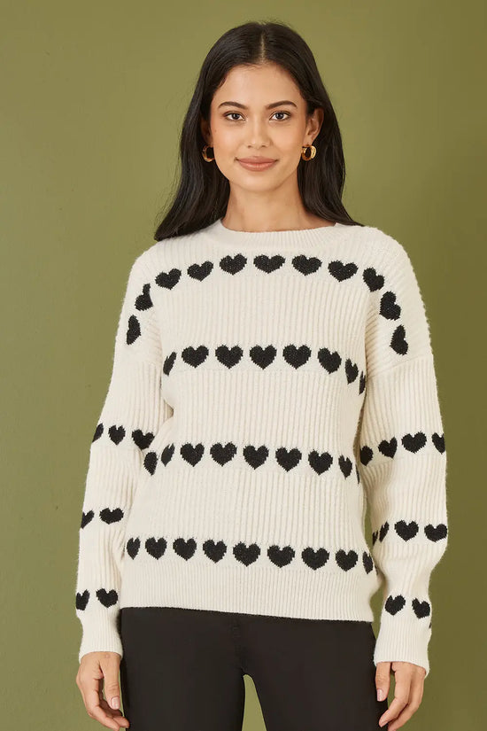 Yumi Ivory Knitted Jumper With Heart Stripes - QHA UK