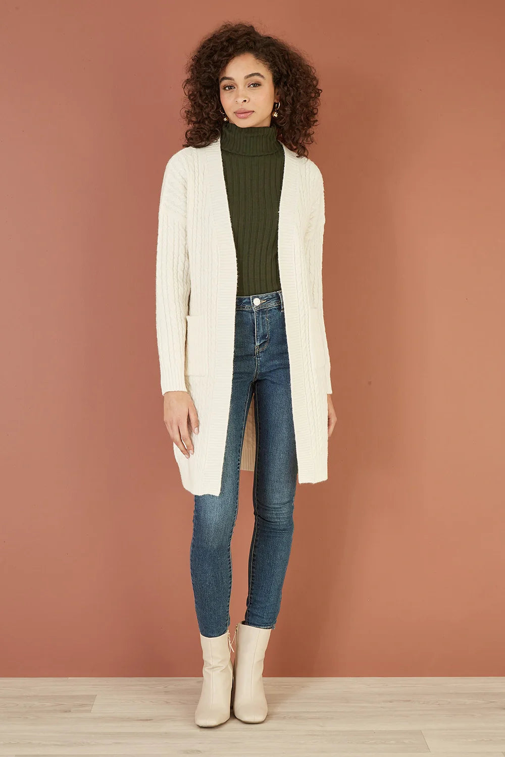 Yumi Ivory Cable Knit Edge to Edge Long Cardigan With Pockets - QHA UK