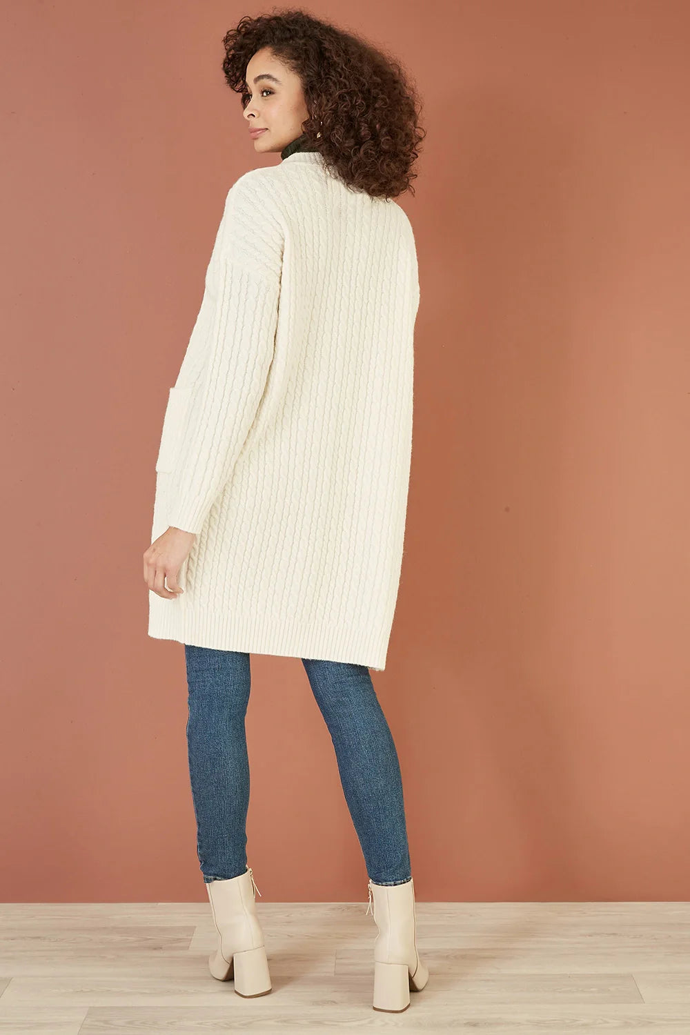 Yumi Ivory Cable Knit Edge to Edge Long Cardigan With Pockets - QHA UK