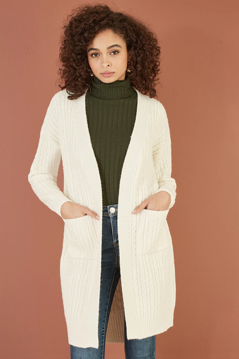 Yumi Ivory Cable Knit Edge to Edge Long Cardigan With Pockets - QHA UK