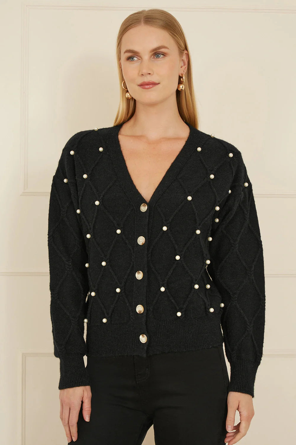 Yumi Black Pearl Cable Knit Cardigan - QHA UK