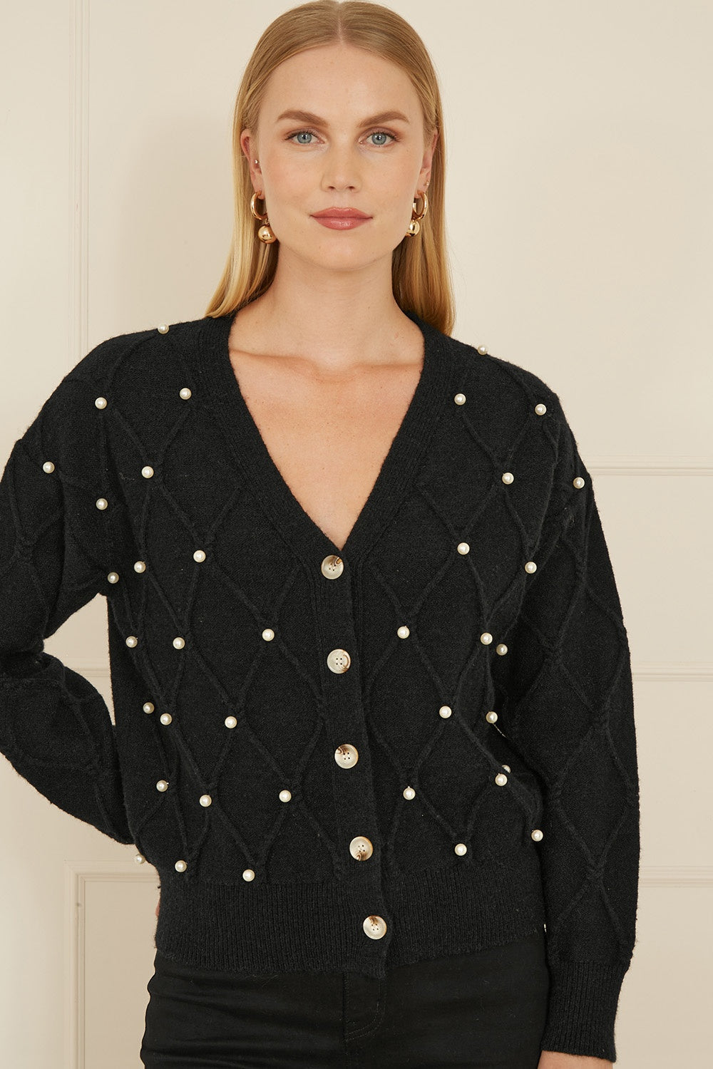 Yumi Black Pearl Cable Knit Cardigan - QHA UK