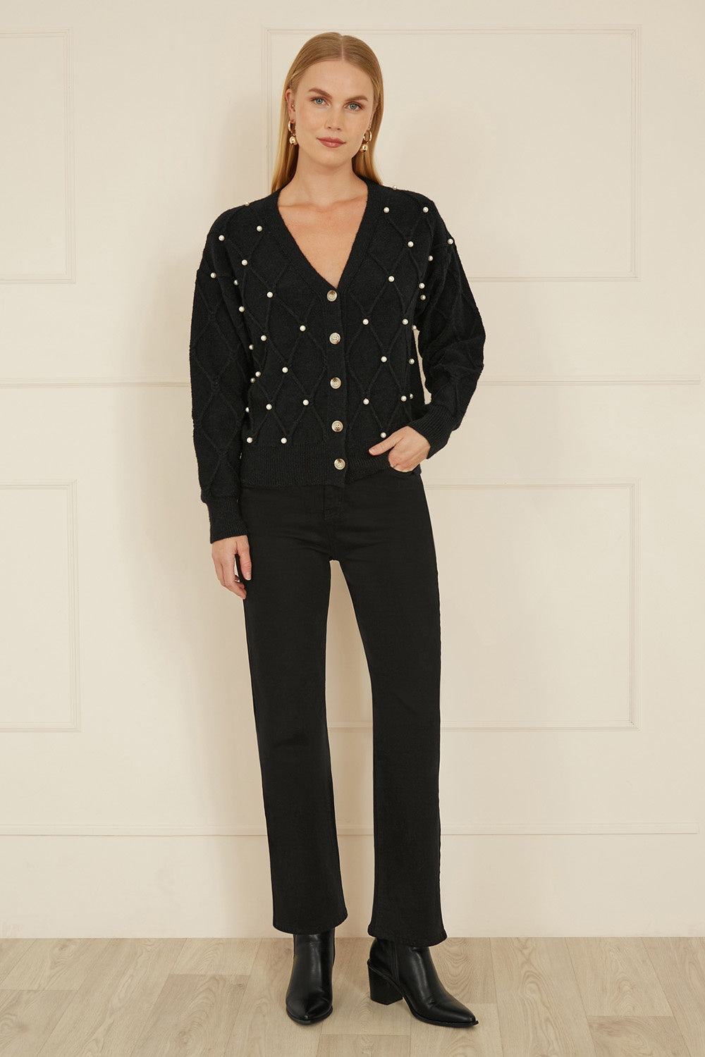 Yumi Black Pearl Cable Knit Cardigan - QHA UK