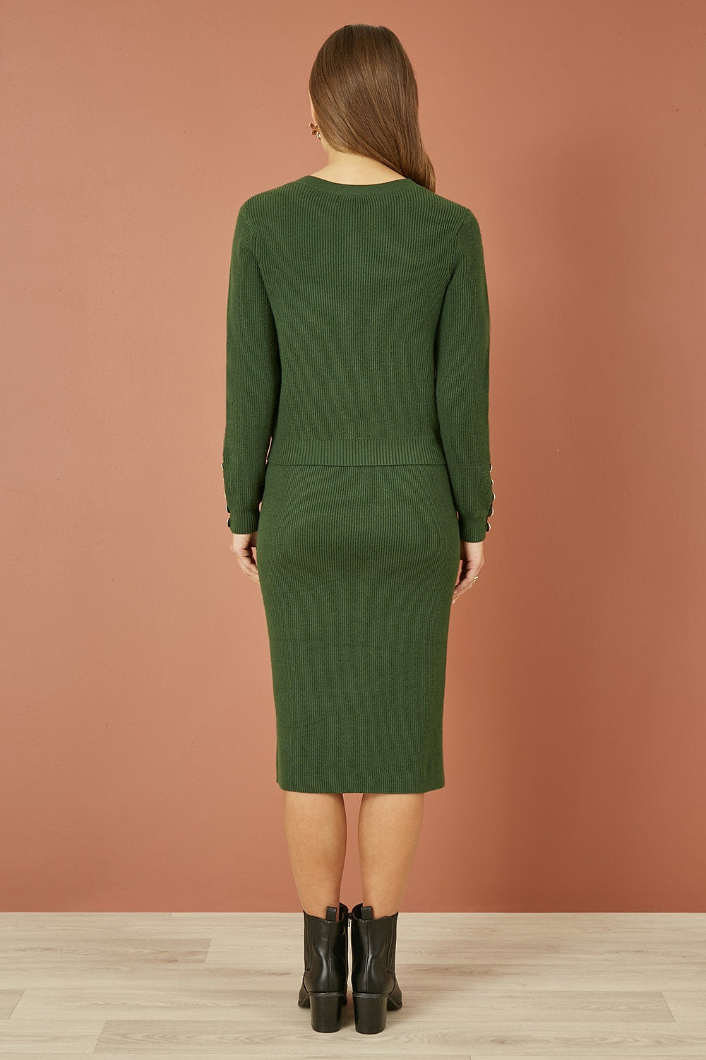 Yumi Green Rib Knitted Jumper With Sleeve Button Detail - QHA UK