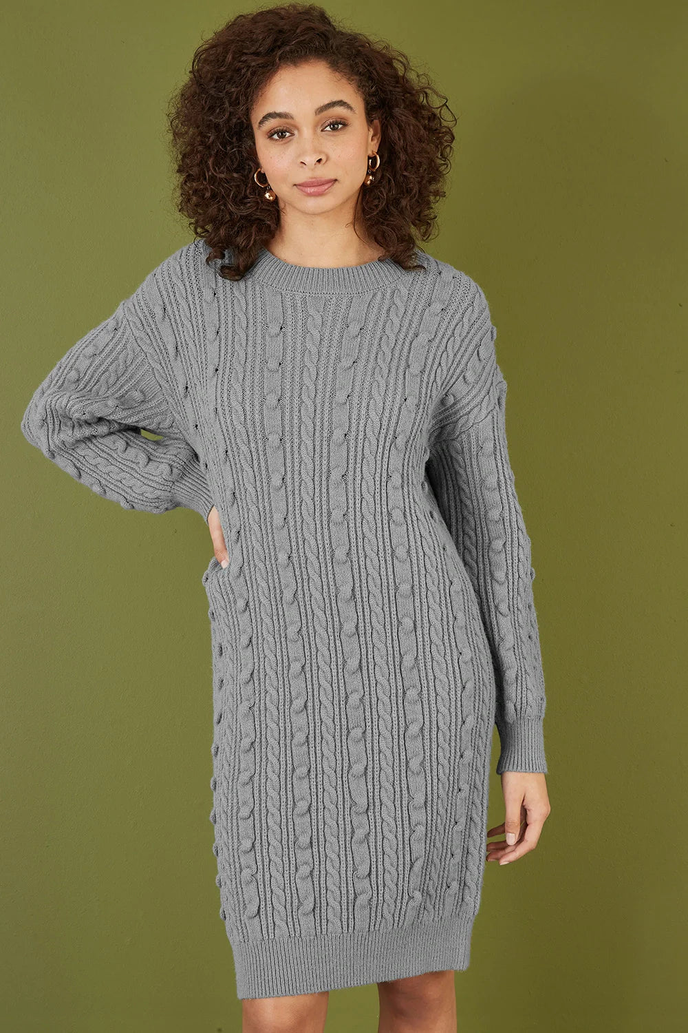 Yumi Grey Cable Knit Tunic Dress - QHA UK