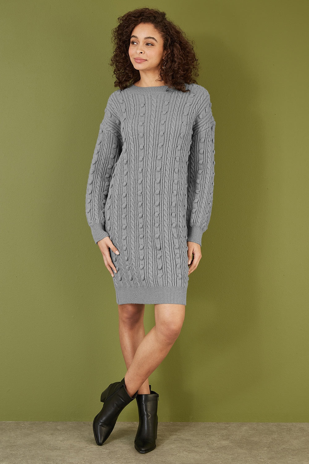 Yumi Grey Cable Knit Tunic Dress - QHA UK