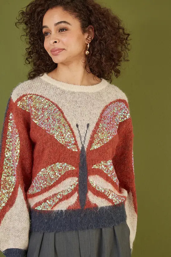 Yumi Cream Butterfly Sequin Knitted Jumper - QHA UK