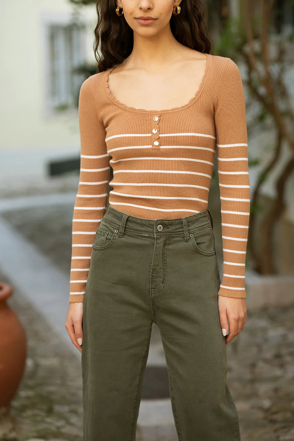 Yumi Brown Stripe Rib Knitted Long Sleeve Top With Button Details - QHA UK