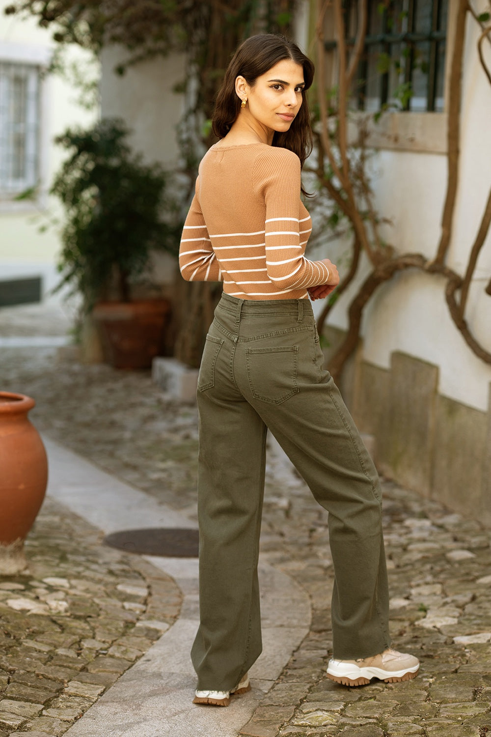 Yumi Brown Stripe Rib Knitted Long Sleeve Top With Button Details - QHA UK